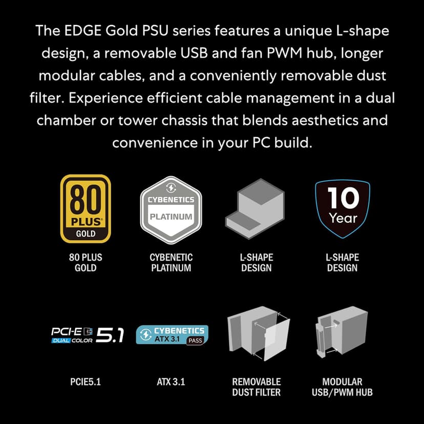 Lian Li Edge Serie - 1000W Full Modular Power Supply (Fan USB Hub Included) - Gold - ATX 3.1 - PCIE 5.1 Support - 12V-2x6 Connector - L-Shape Design for Dual Chamber Case - White (EG1000G.WH)