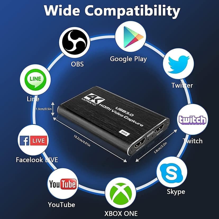 Capture Card, 4K HDMI Audio Video Capture Card, USB 3.0 Capture Adapter 1080P 60FPS Video Recorder Device for Game Recording, Works for Nintendo Switch, Streaming Live,Support X-Box/OBS/Camera/PC