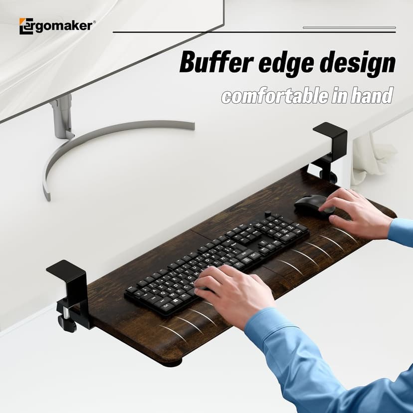 Keyboard Tray Under Desk, Pull Out Keyboard Tray with C Clamp Mount, 25.6" x 11.8" Slide-Out Platform Computer Drawer for Typing, Keyboard & Mouse Tray, Rustic Brown