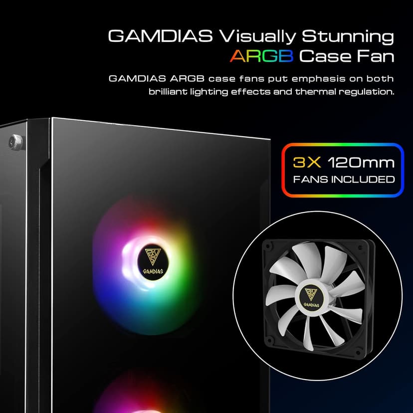 Gamdias RGB Gaming ATX Mid Tower Computer PC Case with Side Tempered Glass Panel and a Magnetic Dust Filter & 3 Built-in 120mm ARGB Fans