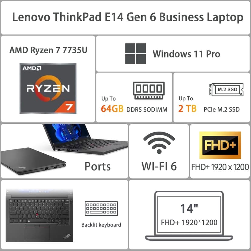 Lenovo ThinkPad E14 Gen 6 Business Laptop, 14" FHD+ Display, AMD Ryzen 7 7735U, 64GB DDR5 RAM, 1TB SSD, Fingerprint, Backlit, Wi-Fi 6, Windows 11 Pro, Bundle with Targus USB-C 100W Docking Station