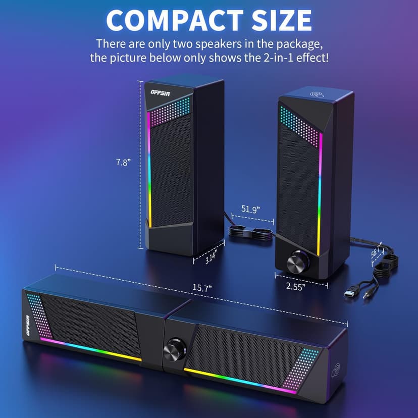 Computer Speakers, 2 in 1 PC Speaker , Gaming Speakers for PC Computer Laptop Desktop Monitor, RGB Speakers with Touch Sensitive Lighting, USB Powered 3.5mm Aux（Package Only Two Speaker, No Soundbar）