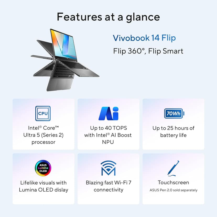 ASUS Vivobook 14 Flip Laptop Copilot+ PC, 14” OLED WUXGA 60Hz Touch Display, Intel® Core™ Ultra 5 226V, Intel® Arc™ Graphics, 16GB Memory, 512GB Storage, Windows 11, Matte Gray, TP3407SA-ES54T
