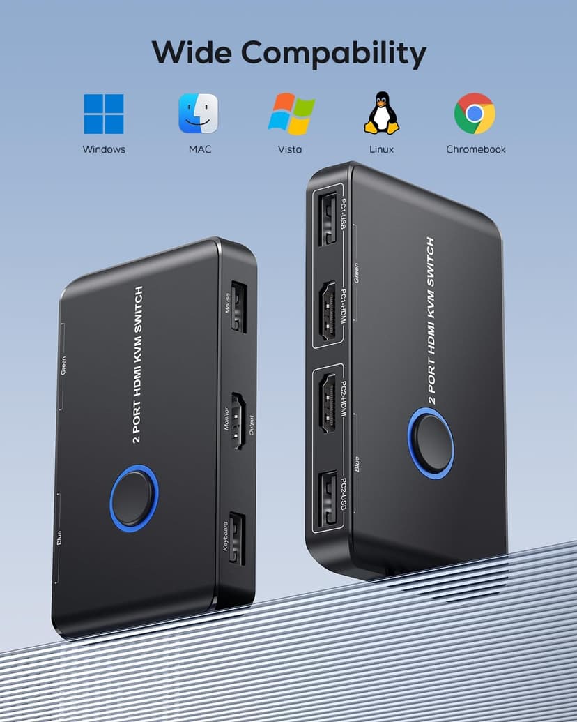 KVM Switch HDMI 2 Port Box,ABLEWE USB and HDMI Switch for 2 Computers Share Keyboard Mouse Printer and one HD Monitor,Support UHD 4K@60Hz,with 2 USB Cable and 2 HDMI Cable