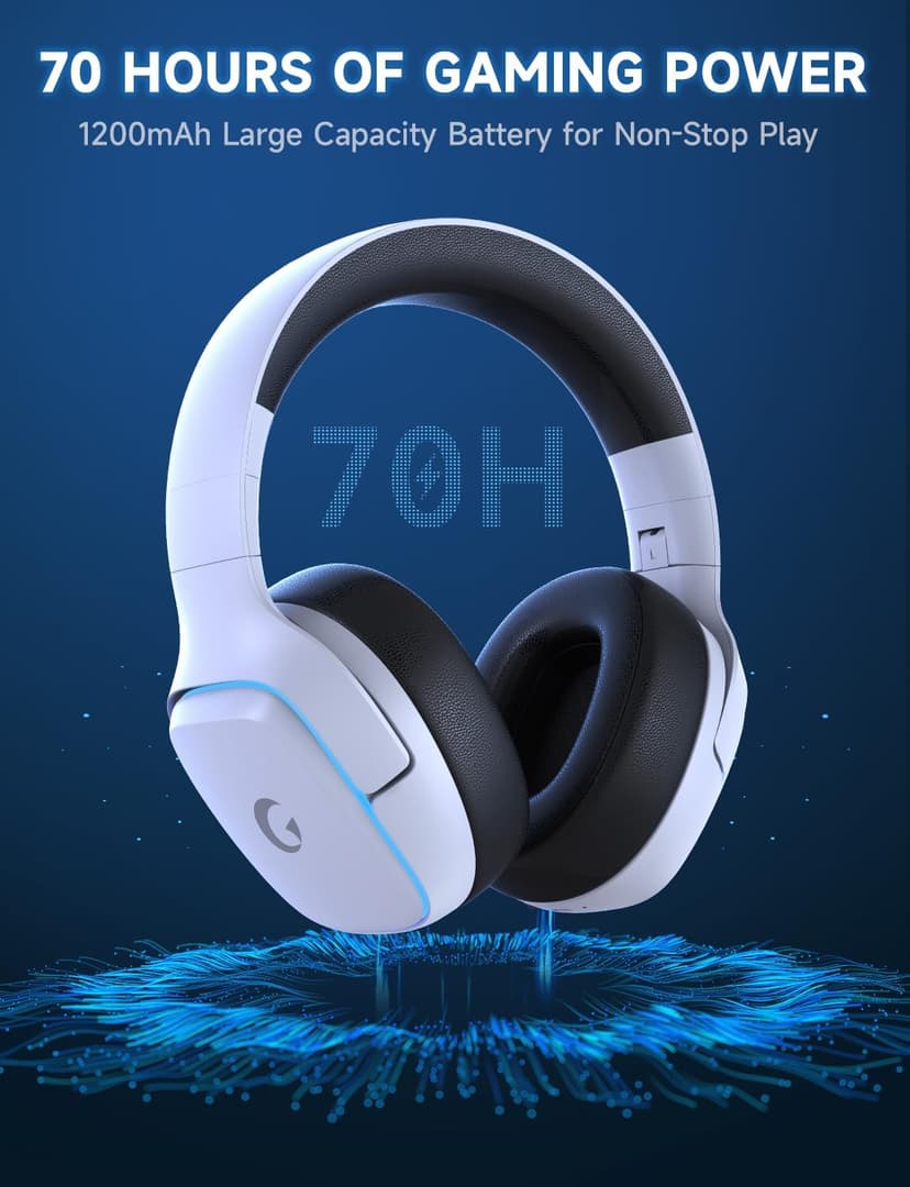 2.4GHz Wireless Gaming Headsets for PS5, PS4, PC, Switch - Bluetooth 5.3 Gaming Headphones with Noise Canceling Mic, 7.1 Surround Sound, 70H Battery, Blue Lighting - White