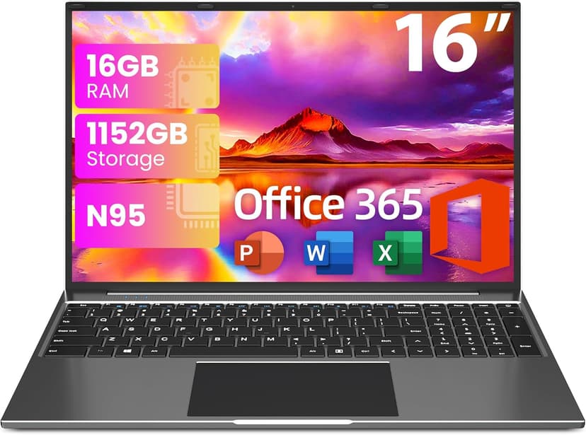 jumper Laptop Computer 16 Inch, Office 365, Laptops with 16GB RAM, 1152GB Storage, FHD IPS 1920x1200 Display, 12th N95 CPU(Up to 3.4GHz), 38WH Battery, 2 Speakers, Mini HDMI, 16:10.