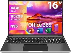 jumper Laptop Computer 16 Inch, Office 365, Laptops with 16GB RAM, 1152GB Storage, FHD IPS 1920x1200 Display, 12th N95 CPU(Up to 3.4GHz), 38WH Battery, 2 Speakers, Mini HDMI, 16:10.