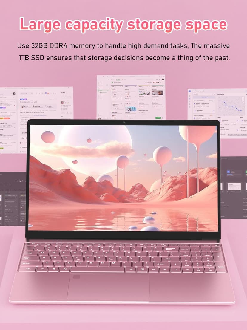 32GB RAM 1TB SSD Pink Laptops Computer, N150 up to 3.60GHz, 15.6" FHD Display, 8000mAh Battery, Backlit Keyboard, Fingerprint, Win11 Pro for School, Zoom, Streaming, and Travel 2 Year Warranty