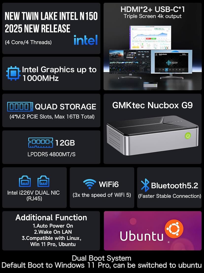 GMKtec Mini PC NAS, G9 Intel N150 Dual Boot Win Linux Desktop Computer 12GB DDR5 64GB EMMC + 1TB M.2 SSD, 4*M.2 NVMe Slots, Dual NIC 2.5GbE, USB-C/USB 3.2 10Gbps, Network Attached Storage