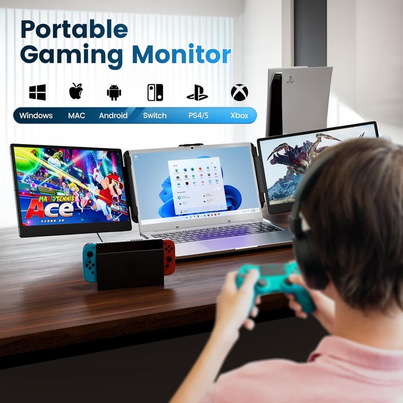 14" Laptop Screen Extender, FHD 1080P IPS Triple Portable Monitor for Laptop, HDMI/USB-A/Type-C Plug and Play for Windows, Mac, Android, Chrome, Switch & PS5, Work with 13.3”-17” Laptops
