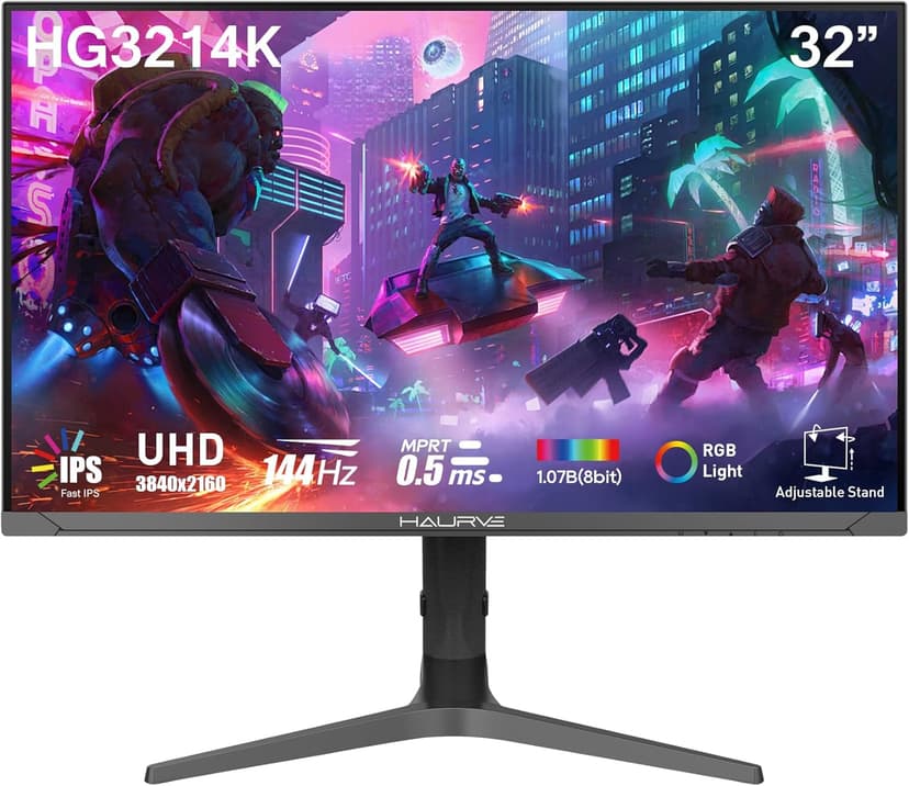 Haurve 32” UHD 4K 144Hz Gaming Monitor with Height Adjustable Stand, PD 90W, HDMI 2.1, DP 1.4, USB-C, RGB, Speakers, 0.5ms, 3840X2160 Display, (HG3214K)