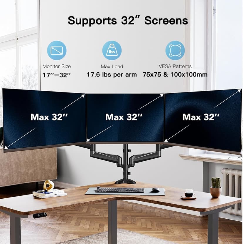HUANUO Triple Monitor Mount for 17 to 32 inch Screens, Gas Springs Adjustment Triple Monitor Stand with Swivel, Tilt, Rotation, Clamp & Grommet Kit (Black)