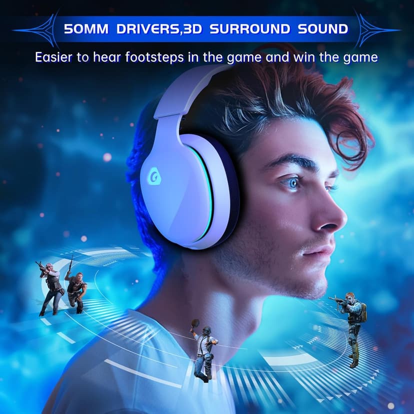 Gaming Headset Wireless 2.4GHz for PS5, PS4 Fortnite/Call of Duty/FPS Gamers, PC, Switch, Bluetooth 5.3 Gaming Headphones with ENC Microphone, Surround Sound, 40+H Battery (White)