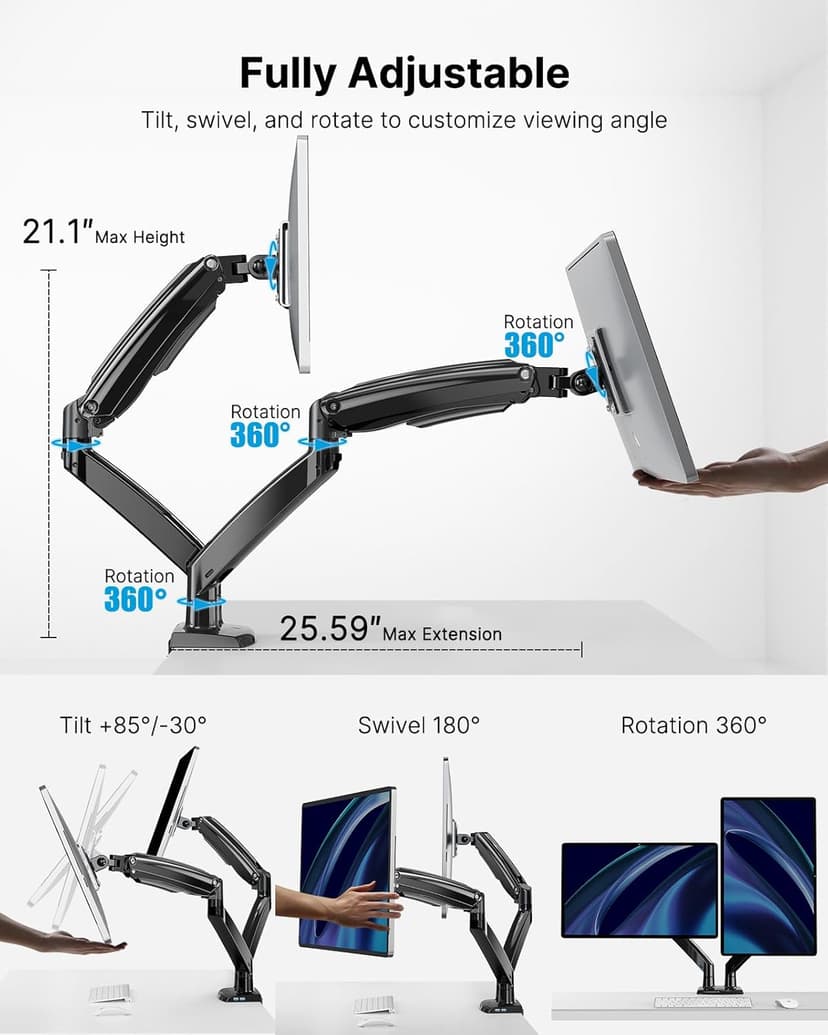 HUANUO Dual Monitor Stand for 13 to 40 inch, Premium Dual Monitor Mount with USB, Height Adjustable Monitor Stand for 2 Monitors, VESA Mount with Clamp/Grommet Base, Each Arm Hold up to 26.4lbs, Black