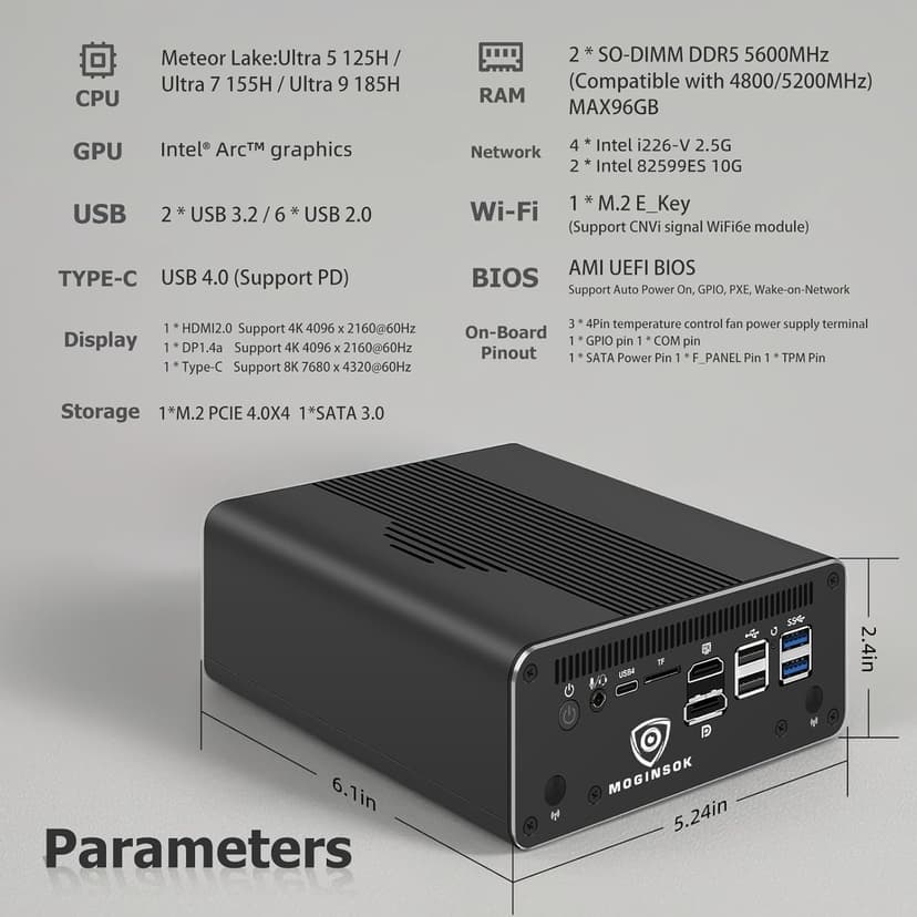 MGNAS14 Micro Firewall Appliance 10Gbe Router with Intel 14th Gen Core Ultra 7 155H, AI MINI PC with 2x10Gbe SFP+ 2xDDR5 RAM M.2 PCIe 4.0 SSD USB4 Support Pfsense|OPNsense|Openwrt|Windows