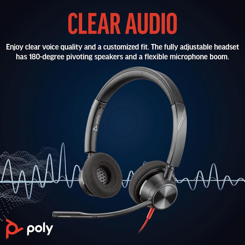 Poly Blackwire 3320 Wired Headset (Plantronics)– Flexible Microphone Boom – Hi-fi Stereo - Connect to PC/Mac via USB-C or USB-A - Certified for Microsoft Teams - Amazon Exclusive