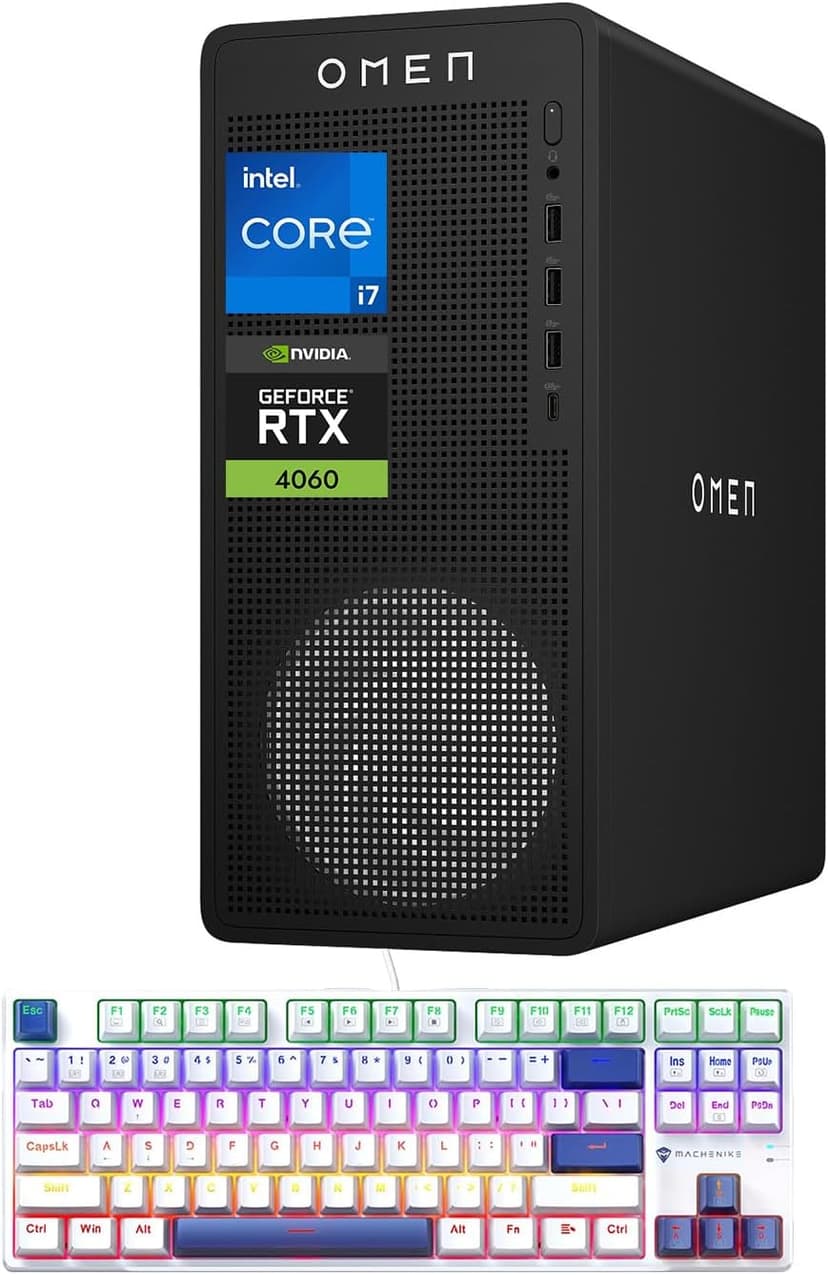 HP OMEN 16L i7 RTX 4060 Gaming Desktop, Intel i7-14700F(Beats i9-12900F), NVIDIA RTX 4060, 32GB DDR5 RAM, 2TB SSD, DP, RJ-45, Wi-Fi 6, Bundle with Machenike K500B-B87 Gaming Keyboard