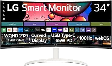 LG 34SR63QA-W 34 inch Smart Curved Monitor with Streaming TV, QHD 1440p, UltraWide Screen, USB Type-C 65W PD, 1800R, webOS, HDR10, 100Hz, Built-in Speaker, AirPlay2, Screen Share, Bluetooth, White