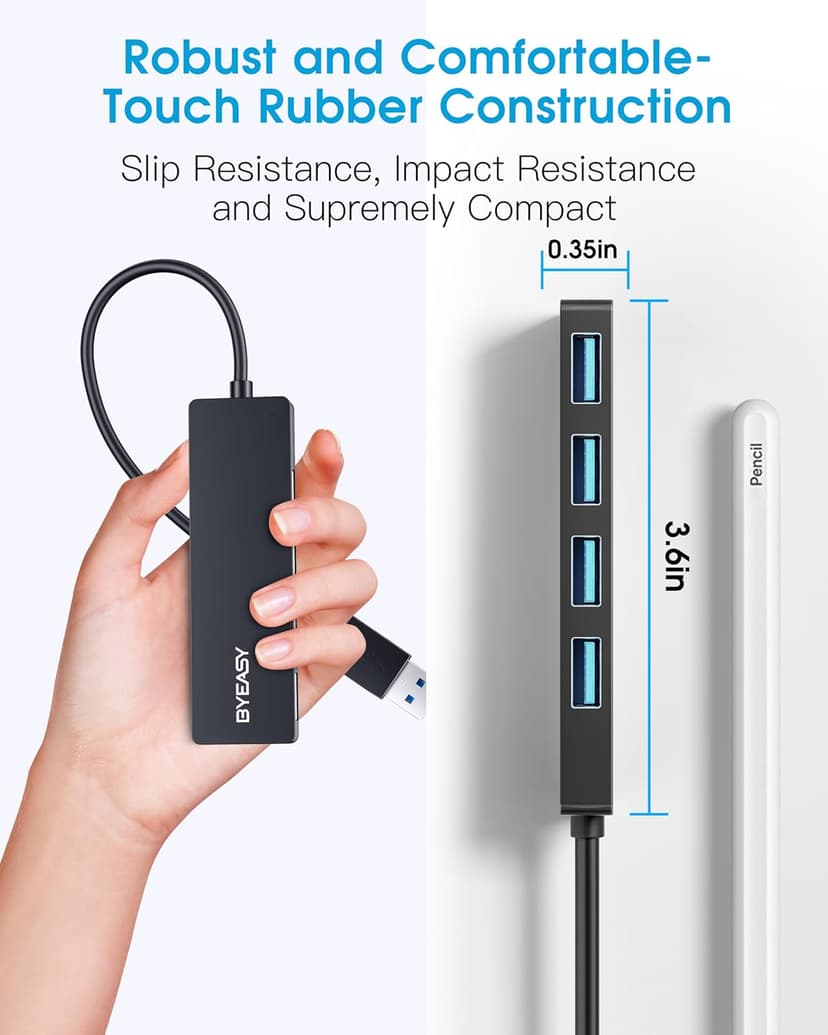 BYEASY USB Hub, Multiple USB 3.0 Hub, USBA Splitter for Laptop with Type C Power Port, Extender for Mouse, Keyboard, Flash Drive, U Disk, Printer Compatible with A Port Laptop, PC, Desktop and More