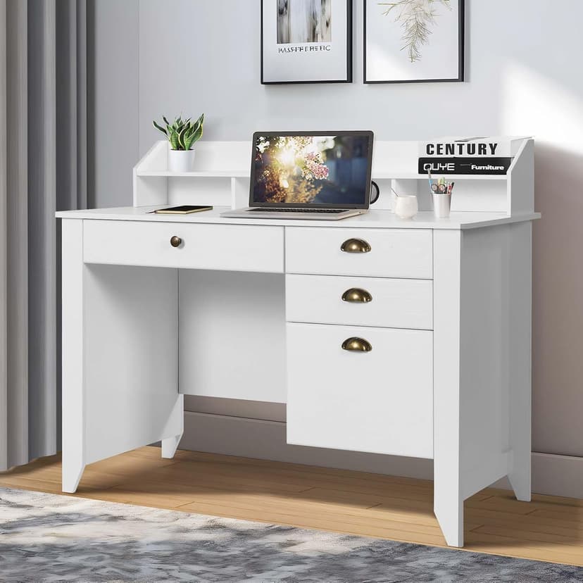 Catrimown Computer Desk with Drawers and Hutch, 47 Inch Home Office Desk with File Drawers, Student Girls Desks, Teens Writing Table with Hutch, Small Desk with Drawer for Bedroom, White