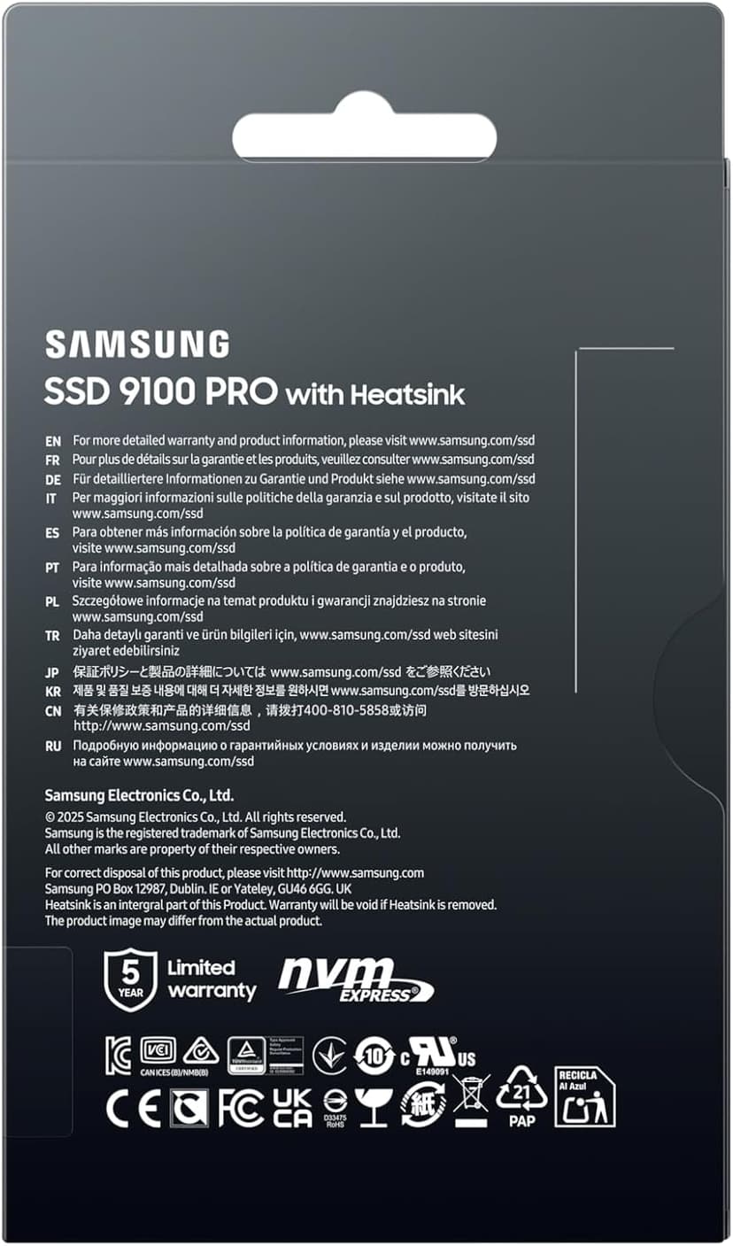 Samsung SSD 9100 PRO with Heatsink 2TB, PCIe 5.0x4 M.2 2280, Seq. Read Speeds Up to 14,800/13,400 MB/s, Best for AI Computing, Gaming, and Heavy Duty Workstations (MZ-VAP2T0CW)