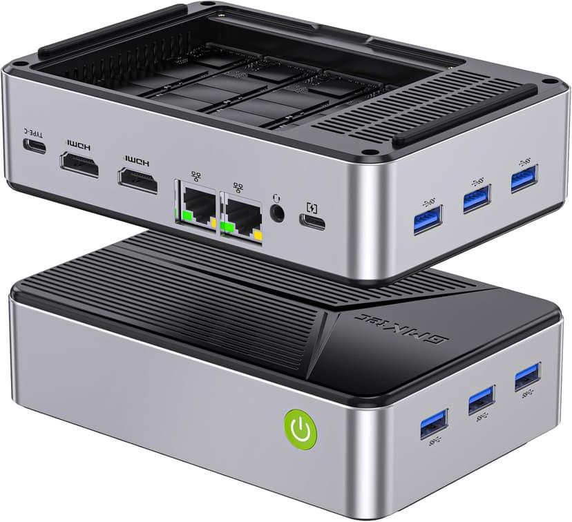GMKtec Mini PC NAS, G9 Intel N150 Dual Boot Win Linux Desktop Computer 12GB DDR5 64GB EMMC + 1TB M.2 SSD, 4*M.2 NVMe Slots, Dual NIC 2.5GbE, USB-C/USB 3.2 10Gbps, Network Attached Storage