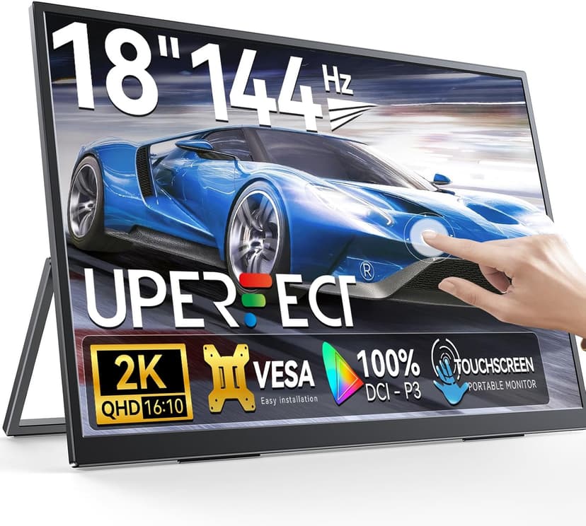 UPERFECT 2K 144Hz Portable Monitor Touchscreen 18" 2560x1600 QHD 100% DCI-P3 Laptop Monitor FreeSync HDR Gaming Monitor w/VESA & Stand 180°Adjustable, Slim Frameless Second Monitor for PC Phone