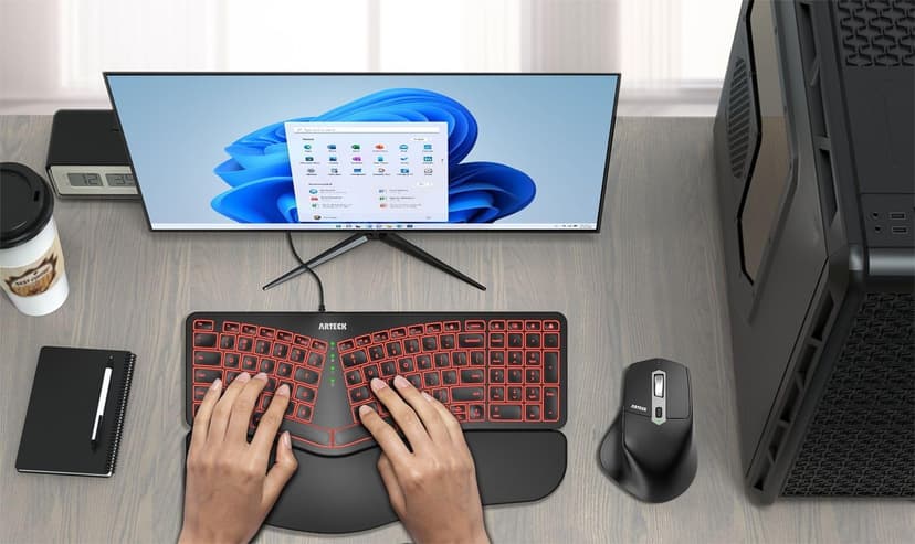 Arteck Ergonomic USB Wired Keyboard with Cushioned Wrist & Palm Rest, Backlit 7 Colors & Adjustable Brightness Comfortable Natural Split Keyboard with 6 Feet Wire for Windows Computer Desktop Laptop