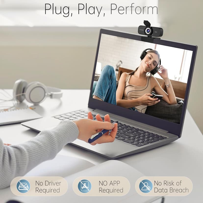 Full HD Webcam with Built-in Microphone and Rotatable Tripod, 1080P Video and Wide Angle Camera, Privacy Cover, for Desktop PC Laptop Computer Black