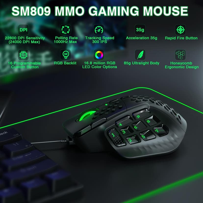 SOLAKAKA SM809 Wired MMO Gaming Mouse, with 9 Side Buttons RGB Mouse, 24000 DPI High-Precision Optical Sensor, Ergonomic Mice, 16 Programmable Macro Shortcuts/Remapping PC Gaming Mouse for FPS Games