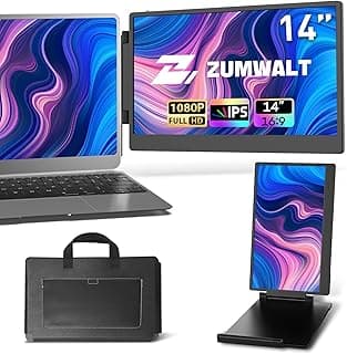 ZUMWALT Portable Laptop Screen Monitors Extender - 14" 1080P FHD Portable Monitors with Adjustable Stand for 13''-16.1'' Laptop, Plug and Play, Compatible with Wins/MacOS/Chrome/Android/PS5/Switch
