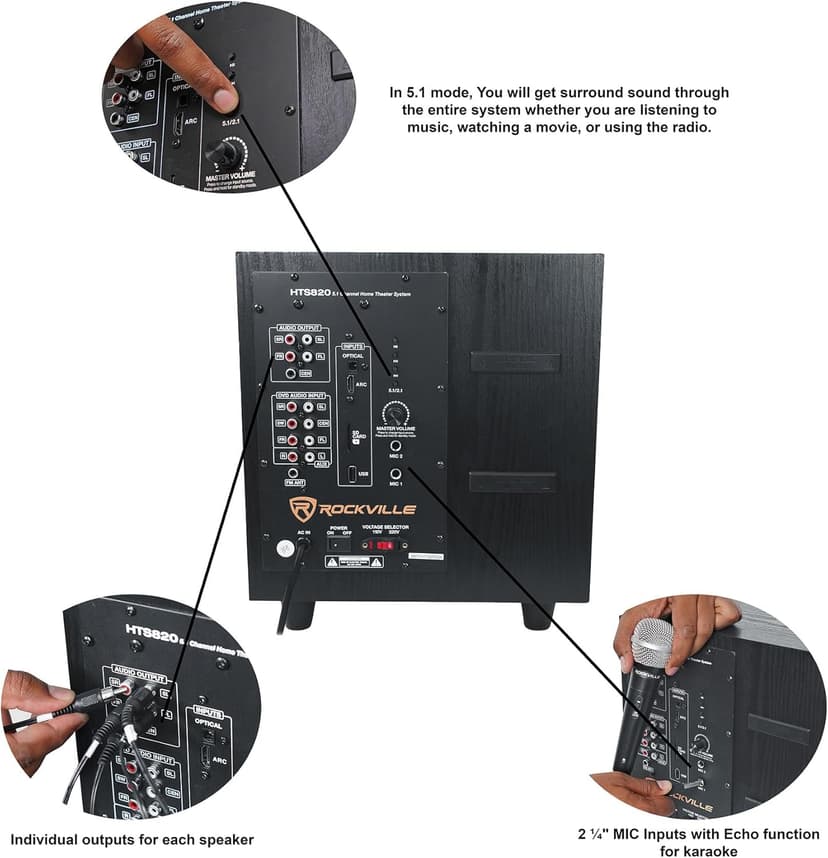Rockville HTS820 1500W 5.1 Channel Home Theater System with 8" Subwoofer, Bluetooth, USB, Includes Remote and Speaker Mounts - Perfect for Movies, Music, Karaoke
