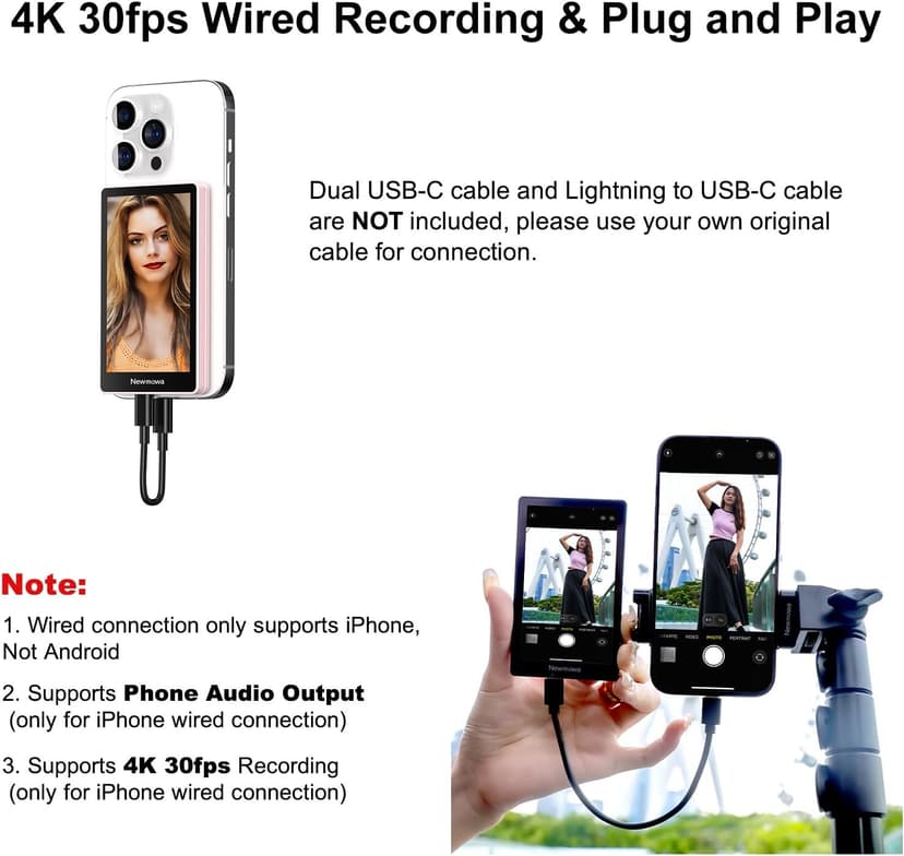 Newmowa Pink Magnetic Phone Vlog Selfie Monitor Screen, 1080P Wireless Recording, Using Phone Rear Camera for Selfie Vlog Live Stream TikTok, Compatible with iPhone(Support 4K 30fps Wired Recording)