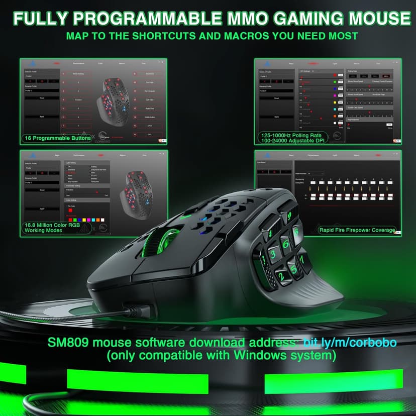 SOLAKAKA SM809 MMO Gaming Mouse Wired RGB with 9 Side Buttons, 22800 DPI High Precision Sensor Optical Ergonomic Gamer Mouse,16 Programmable Custom Macro Shortcuts Remapping PC Gaming Mice for Windows