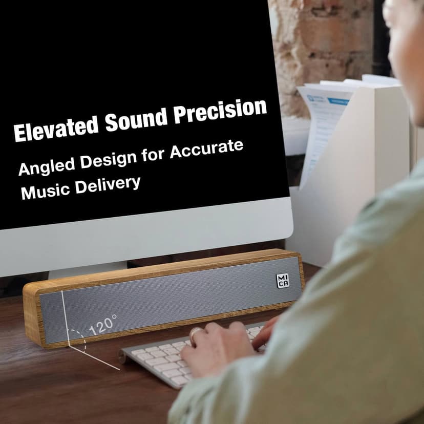MICA Computer Speakers, Wired Computer Sound Bar, Wooden Mini Soundbar, USB Powered PC Speakers for Desktop Monitor, Laptop, Tablet, 3.5mm Aux Connection, Angled (Yellow)