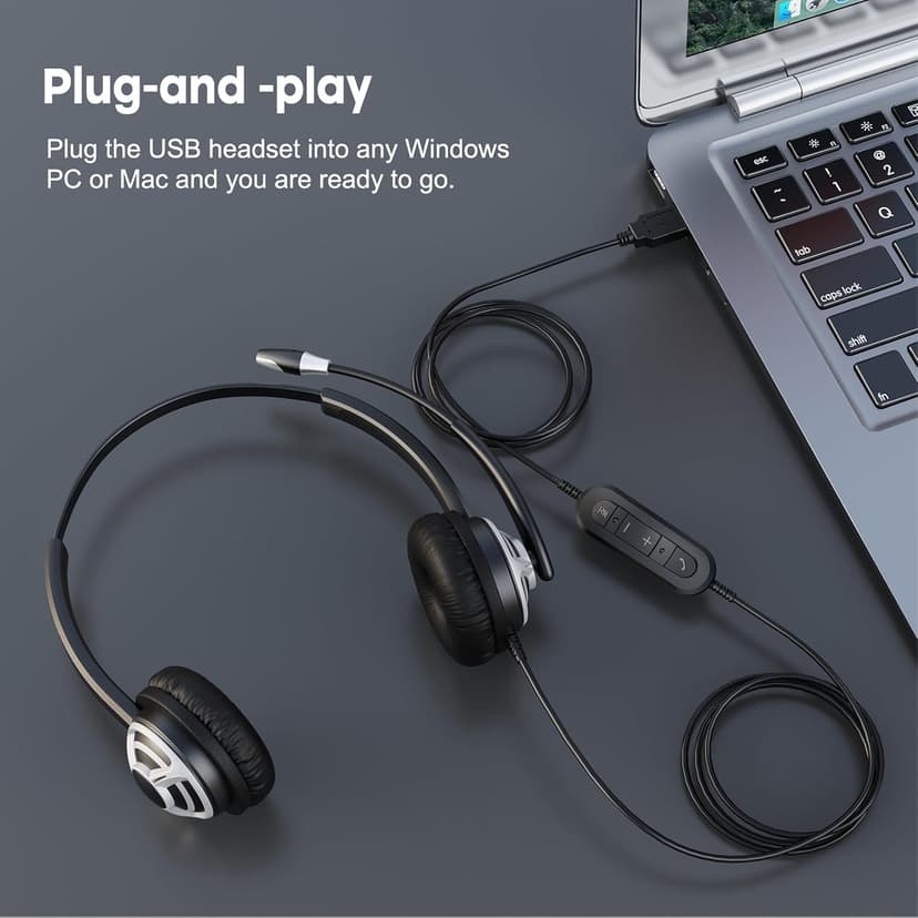 MKJ USB Headset for Call Centers & Office - Noise Canceling Microphone, Wired USB Headphone for Computer PC Laptop, Compatible with Zoom, Ms Teams, Webex, Google Meet, Ideal for Hybrid Workspaces