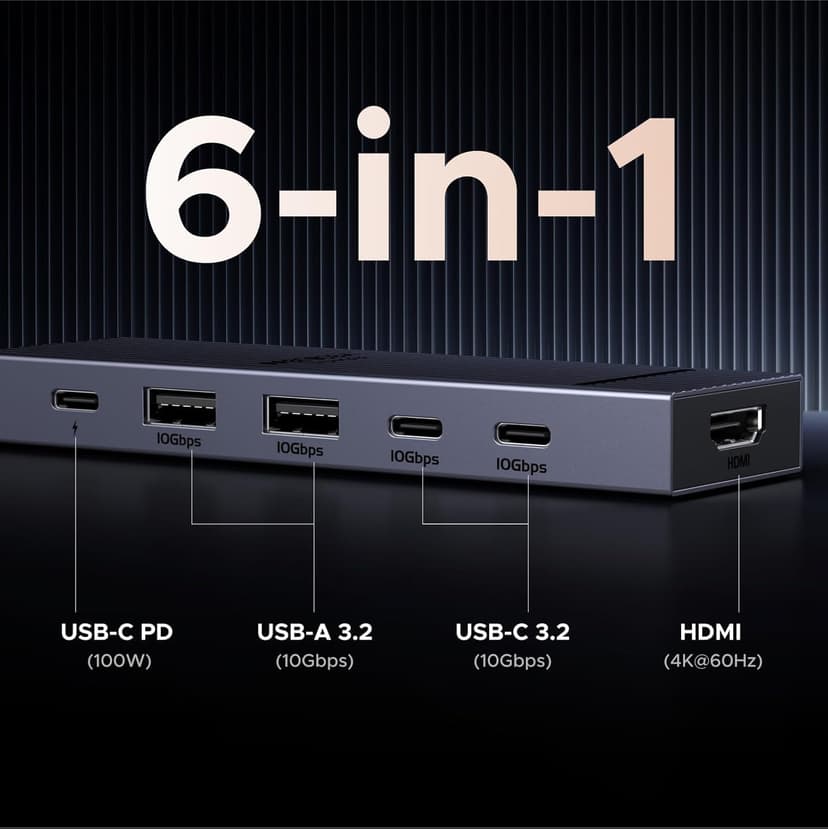 UGREEN Revodok Pro USB-C Hub 6 in 1 10Gbps 4K 60Hz HDMI, 100W Power Delivery for MacBook Pro/Air, iPad Pro, Thinkpad Rog Ally and More.