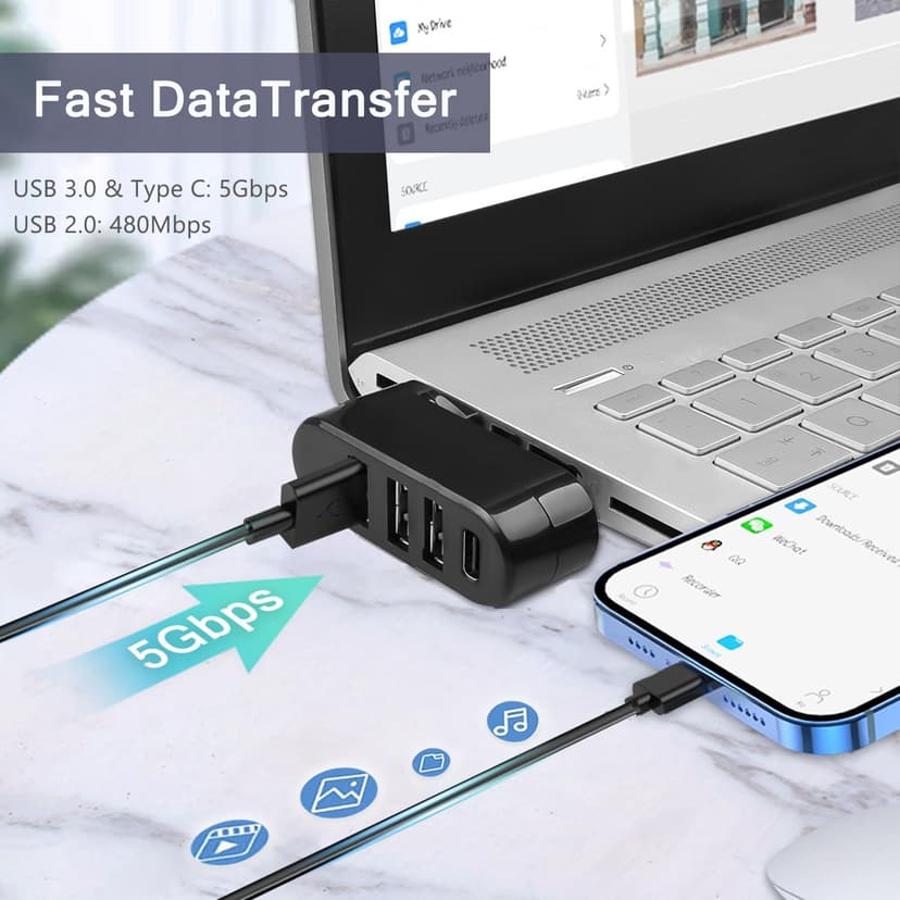 VIENON 4-Port USB 3.0 Hub [90°/180° Degree Rotatable], USB Splitter with 3 USB-A Ports & 1 USB C Power/Data Port, USB Extender for Laptop, Car, iMac, MacBook Air, MacBook Pro, and More