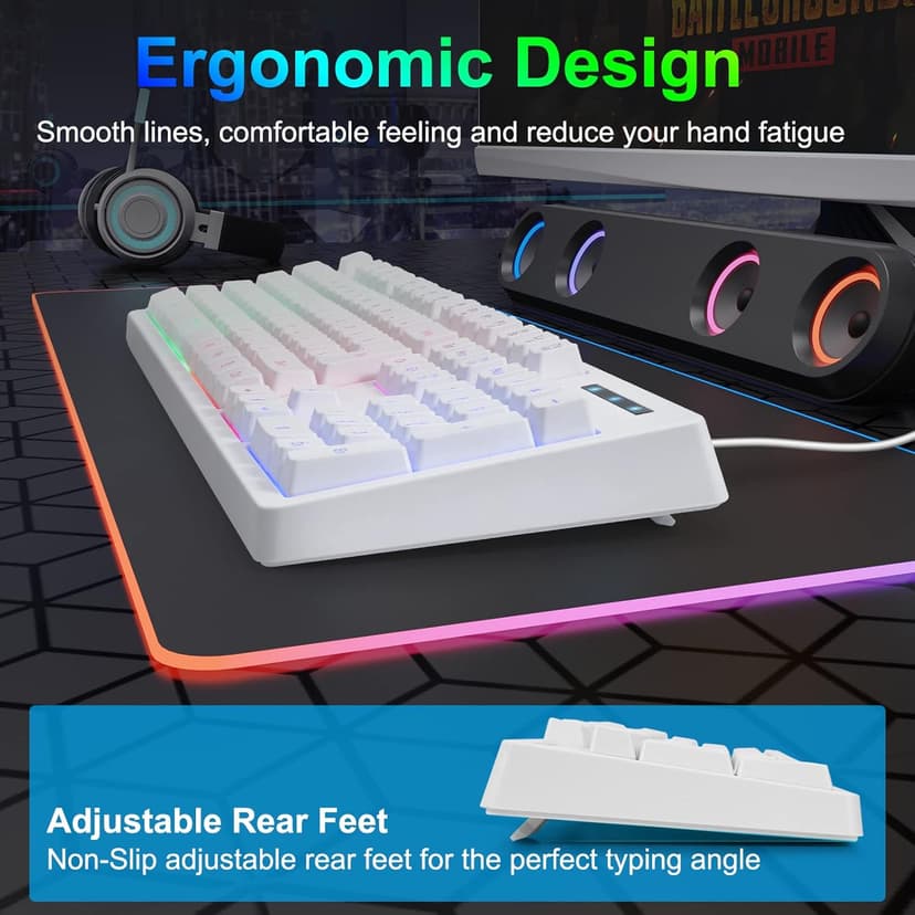 HUO JI White Gaming Keyboard USB Wired with Rainbow LED Backlit, Floating Keys, Mechanical Feeling, Spill Resistant, Ergonomic for Xbox, PS Series, Desktop, Computer, PC