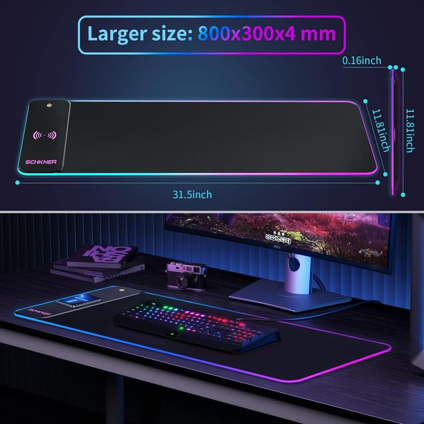RGB Gaming Mouse Pad with Wireless Charging 15W, Large Desk Mat 800x300x4mm, 10 Light Modes Keyboard Pad with Non-Slip Rubber Base, Waterproof Mousepad for Gaming PC MacBook Laptop