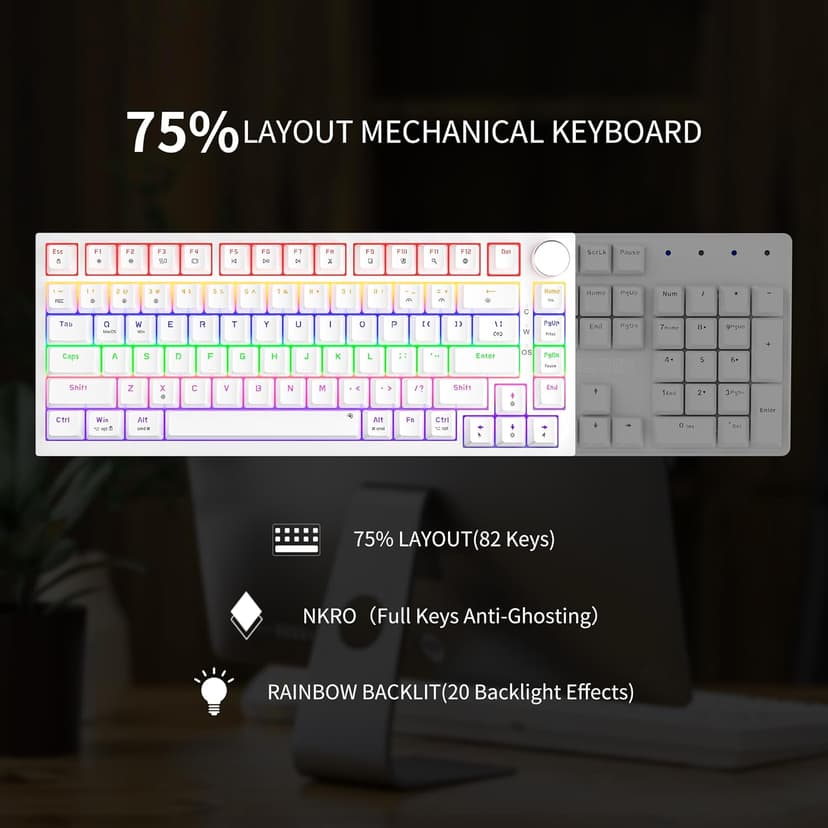 Newmen GM326 75% Percent Mechanical Keyboard,Wired Mini Backlit Hot Swappable Gaming Mechanical Keyboard with Knob,82 Keys Anti-Ghosting Compact White Gaming Keyboards for PC Win Mac,Red Switch