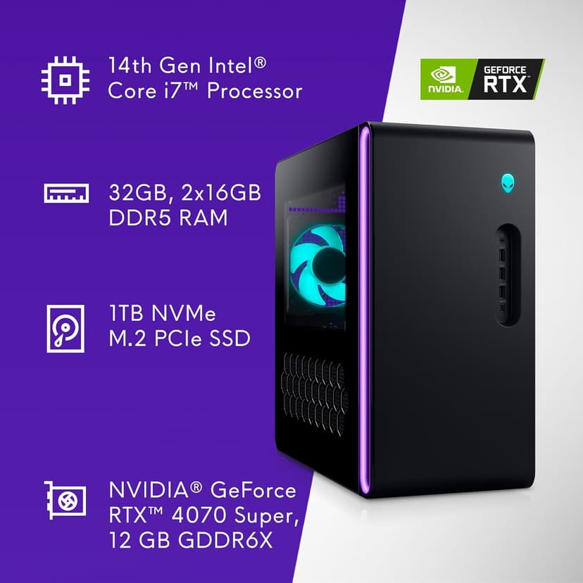 Alienware Aurora R16 Gaming Desktop - Intel Core i7 14700F, 32GB DDR5 RAM, 1TB SSD, NVIDIA GeForce RTX 4070 Super 12GB GDDR6X Graphics, Windows 11 Home, 1 Year Onsite/in-Home Service - Basalt Black