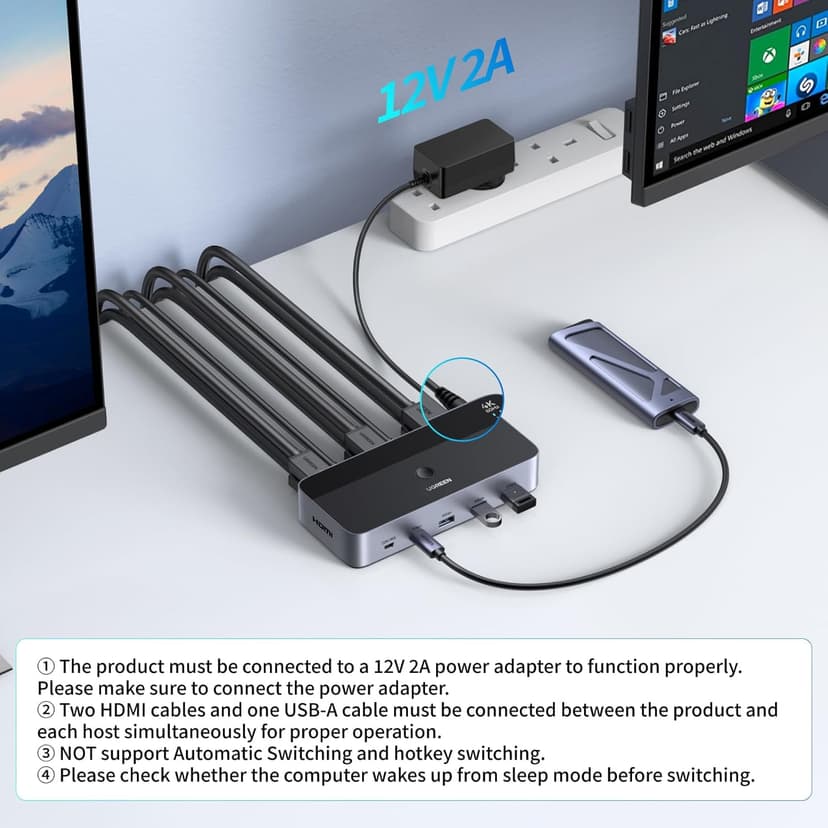 UGREEN HDMI KVM Switch 2 Monitors 2 Computers 4K@60Hz, with 4 USB 3.0 Ports for 2 Computers Sharing 2 Monitors Keyboard Mouse Printer with 4 HDMI Cables, 2 USB Cables, Power Adapter and Controller