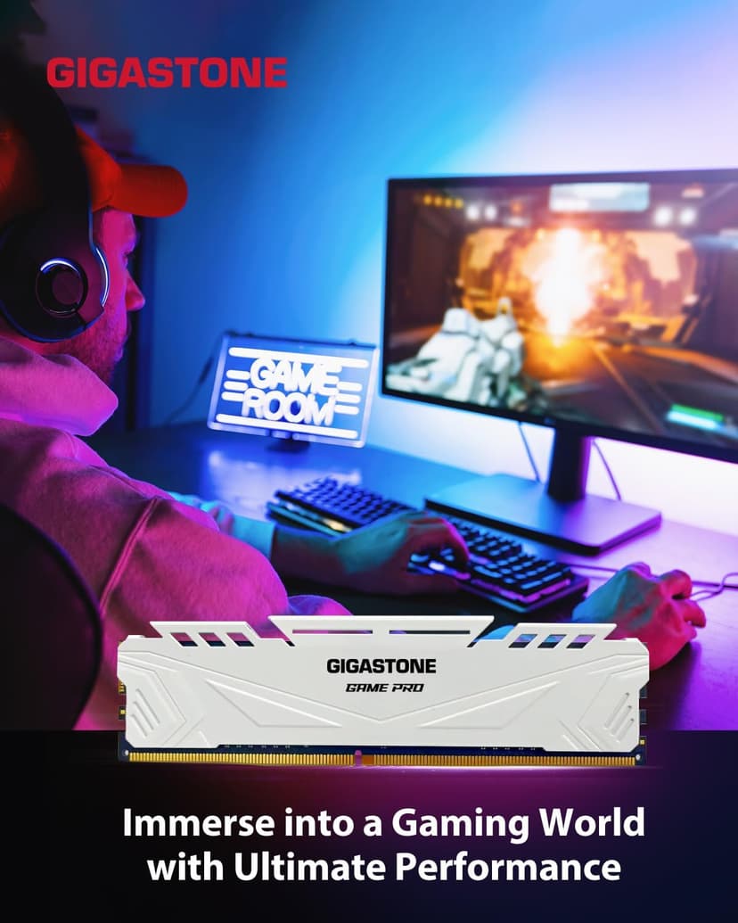 【DDR4 RAM】 GIGASTONE Game PRO 32GB Kit (2x16GB) DDR4 3200MHz PC4-25600 CL 16-18-18-40 Intel XMP 2.0 AMD Ryzen 1.35V UDIMM 288 Pin Unbuffered Non ECC High Performance Gaming Desktop Memory - White