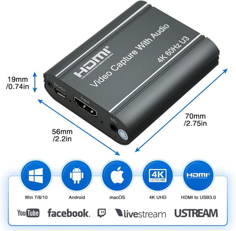 4K Video Capture Card, HDMI to USB 3.0 with Loopout for Nintendo Switch, 1080p 60fps Game Capture Device with Audio Output for Streaming, Xbox/PS4/PS5/PC, VLC/OBS/Amcap