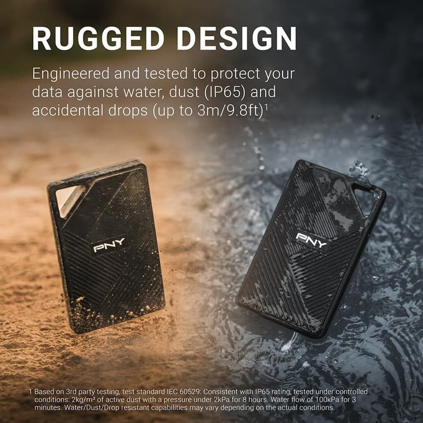 PNY RP60 2TB Portable SSD - Up to 2000MB/s, USB-C, USB 3.2 Gen2x2 - Rugged, IP65 Rated, Water/Dust/Drop Resistant - For Photos, Videos, Gaming and more - External Solid-State Drive - PSD0CS3060-2TB-RB