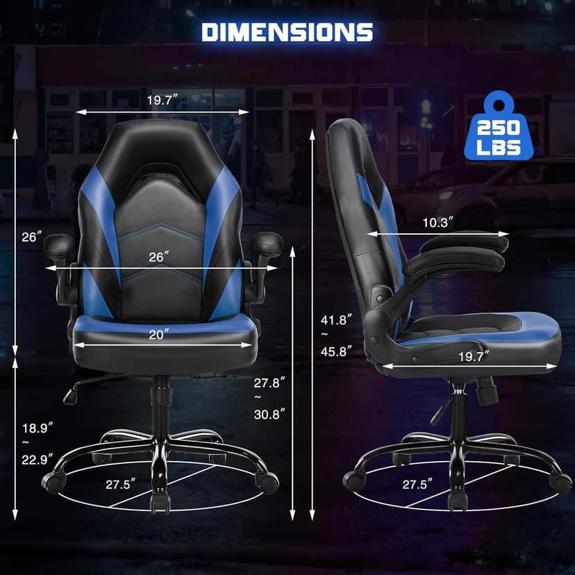 DUMOS Ergonomic Computer Gaming Chair - Home Office Desk with PU Leather Lumbar Support, Height Adjustable Big and Tall Video Game with Flip-up Armrest, Swivel Wheels for Adults and Teens