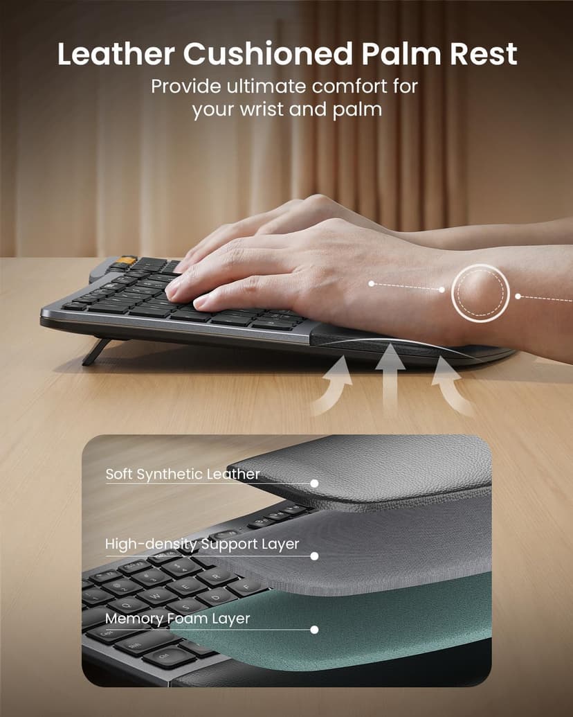 ProtoArc Backlit Bluetooth Ergonomic Keyboard, EK01 Plus Full Size Wireless Split Keyboard with Dual Bluetooth and USB, Cushioned Wrist Rest, Rechargeable, Compatible with Windows/Mac/Android, Grey