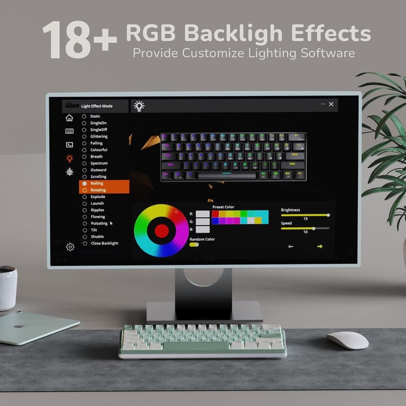 RK ROYAL KLUDGE RK61 Plus Wireless Gaming Keyboard, 60 Percent Mechanical Keyboard with Bluetooth/2.4Ghz/USB Wired, RGB Custom Keyboards for Win/Mac, PC Game, Hot Swappable Silent Linear Switch, Green