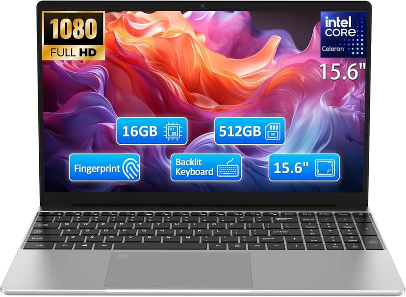15.6" FHD Laptop,16GB DDR4 RAM 512GB SSD,Portable Laptop Computer with Backlit Keyboard,180 ° Angle Opening,Fingerprint Reader,38WH Battery,Webcam,WiFi 5,BT 4.2,Mini HDMI,USB 3.0
